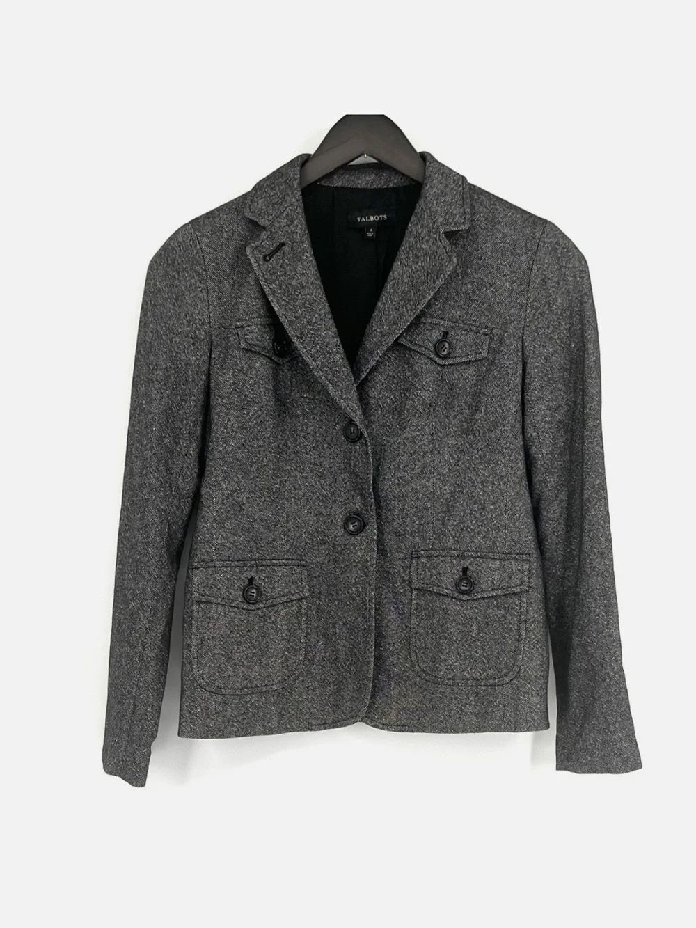 TALBOTS 8 Black White Wool Blend Donegal Tweed Blazer Jacket